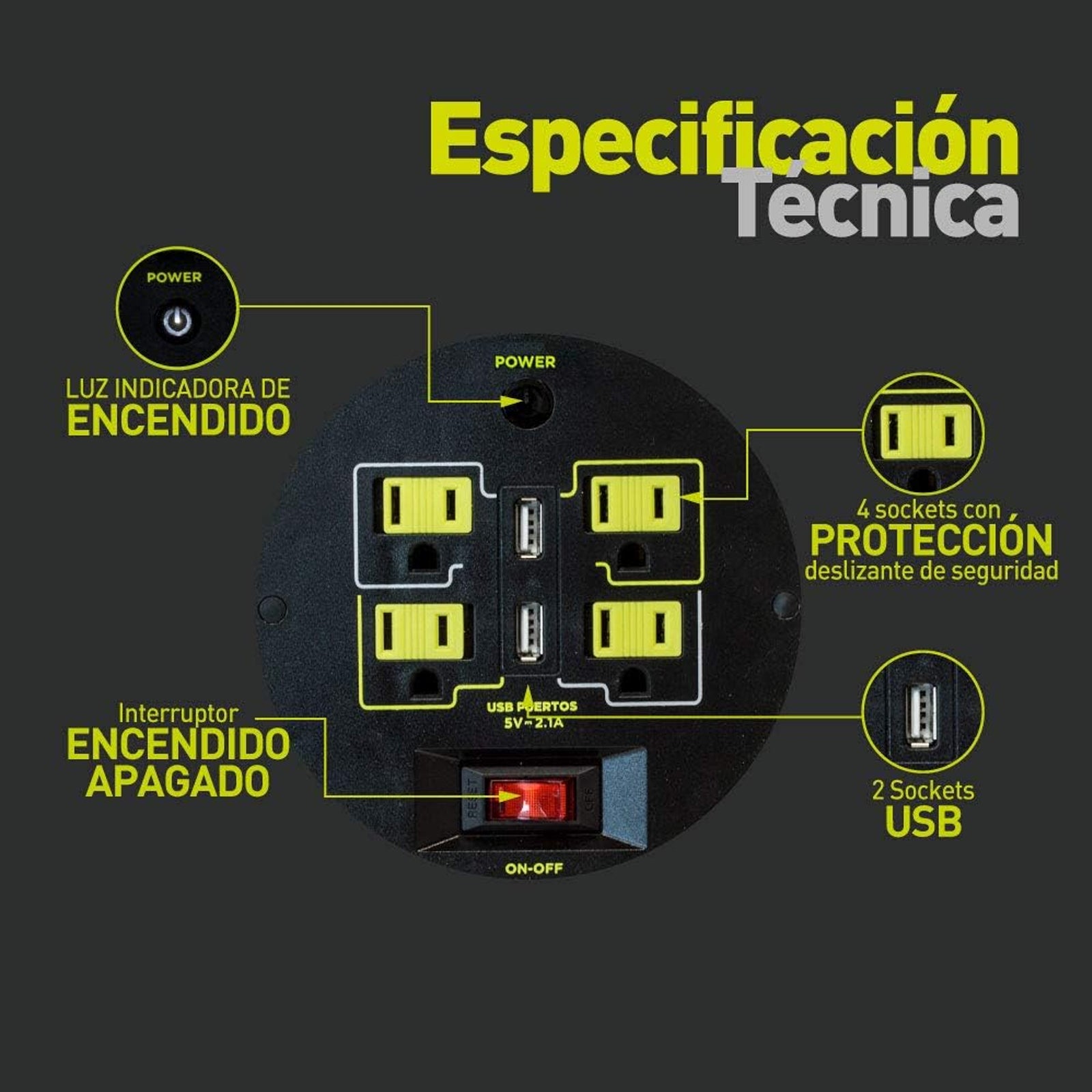 Extensión Eléctrica Tipo Cassette 7m Reel con 4 Multicontactos Calibre 16 – Luceco